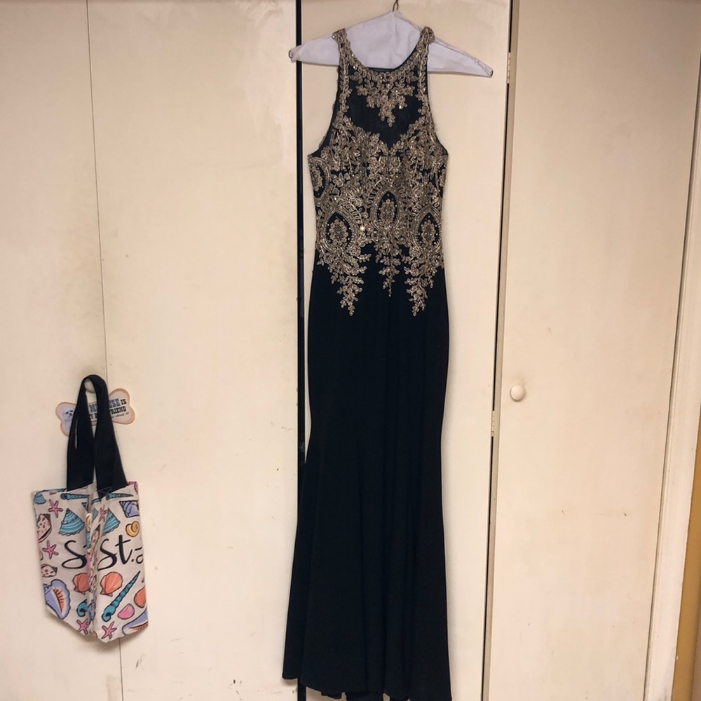 High neck gown with gold detail